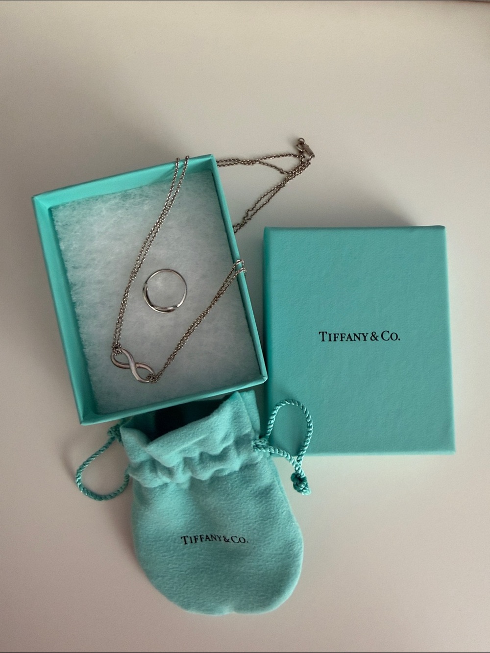 Tiffany & Co. Silver Infinity Necklace & Ring with Tiffany Blue Box & Pouch